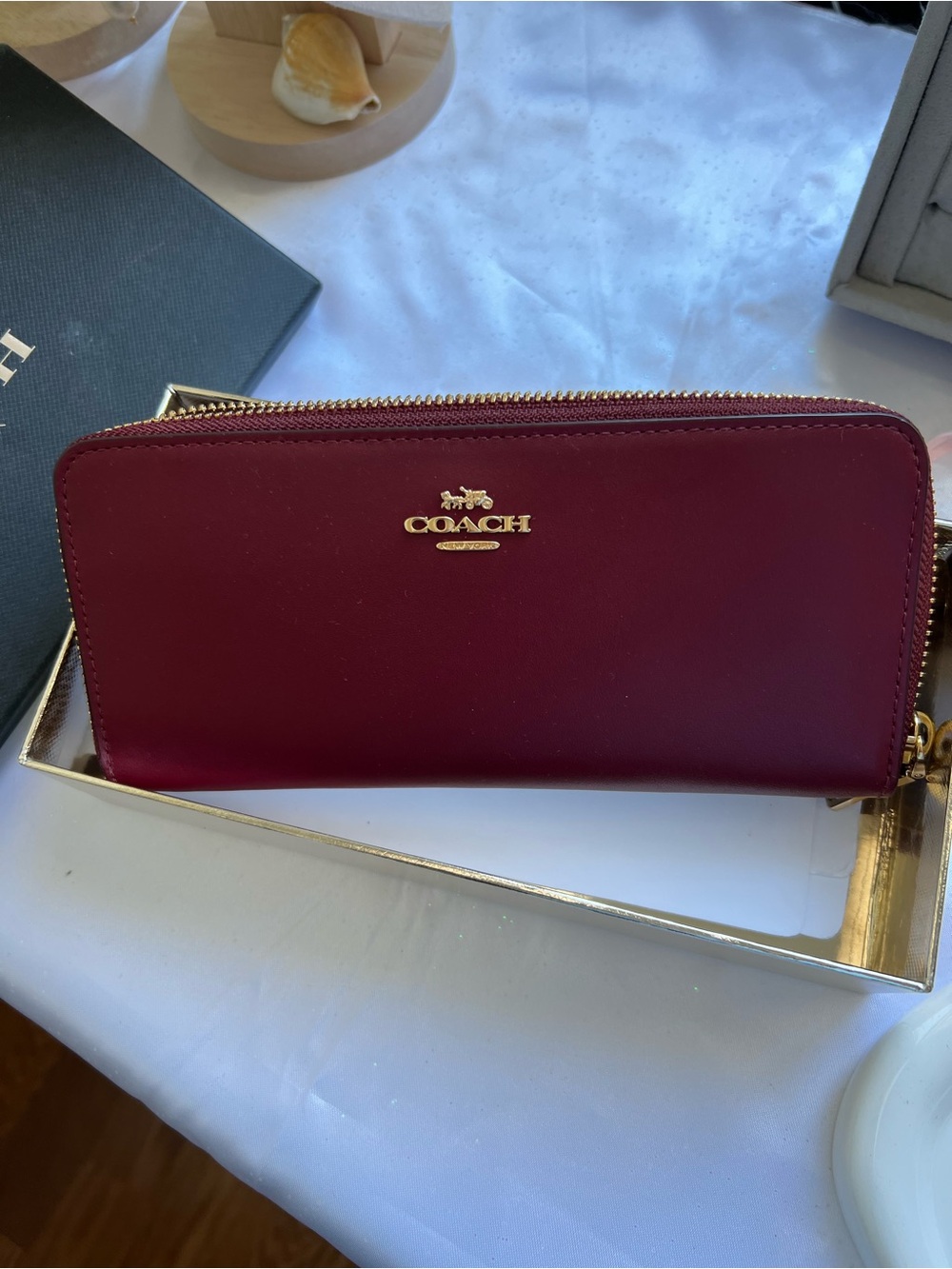 Coach Zip-Around Wallet in Burgundy with Gold Hardware